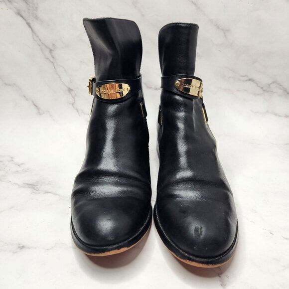 Michael Kors Arley Black Leather Ankle Boots Riding Booties Gold Hardwear 7.5 - Picture 2 of 6
